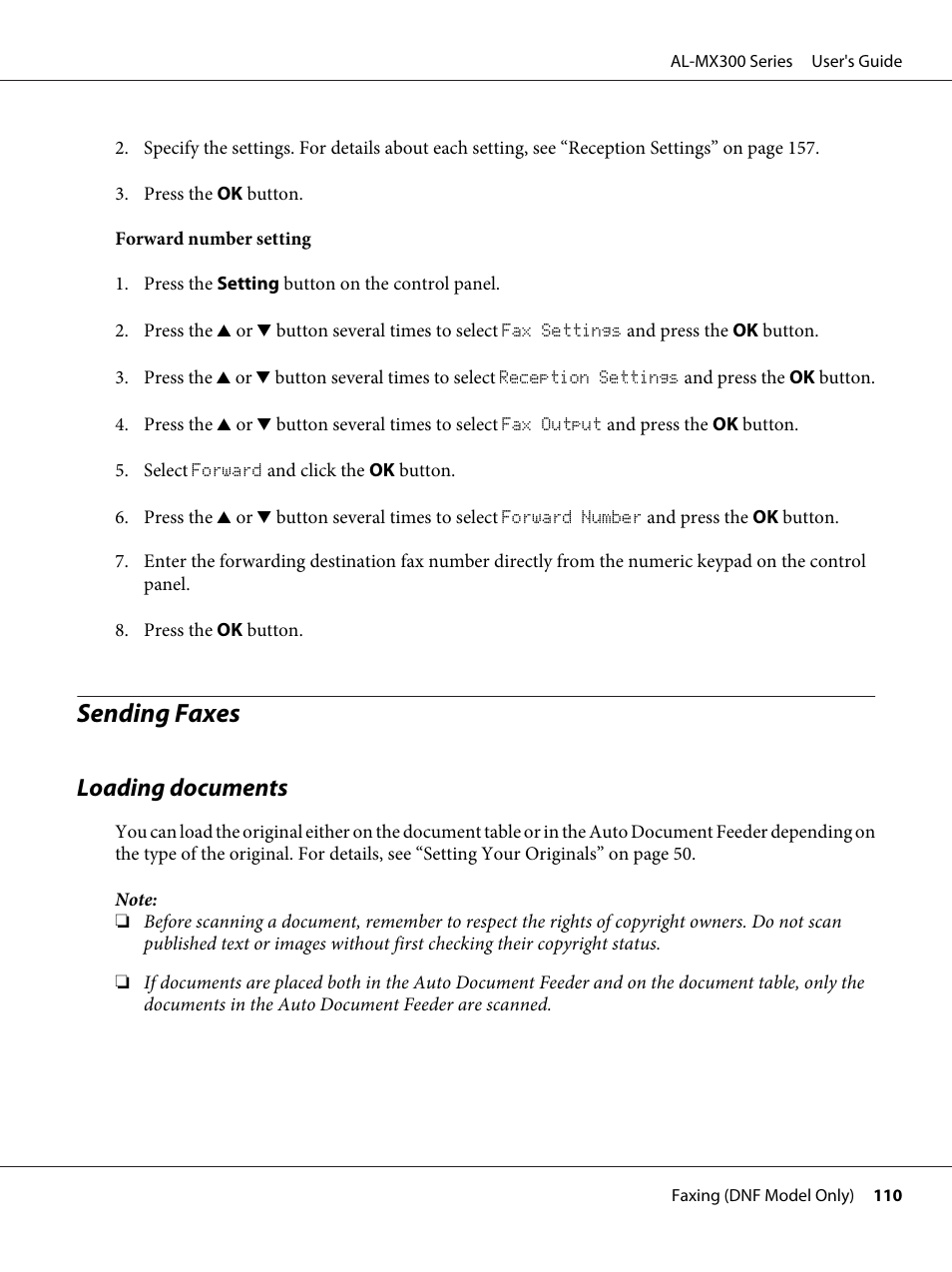 Sending faxes, Loading documents | Epson WorkForce AL-MX300DN User Manual | Page 110 / 287