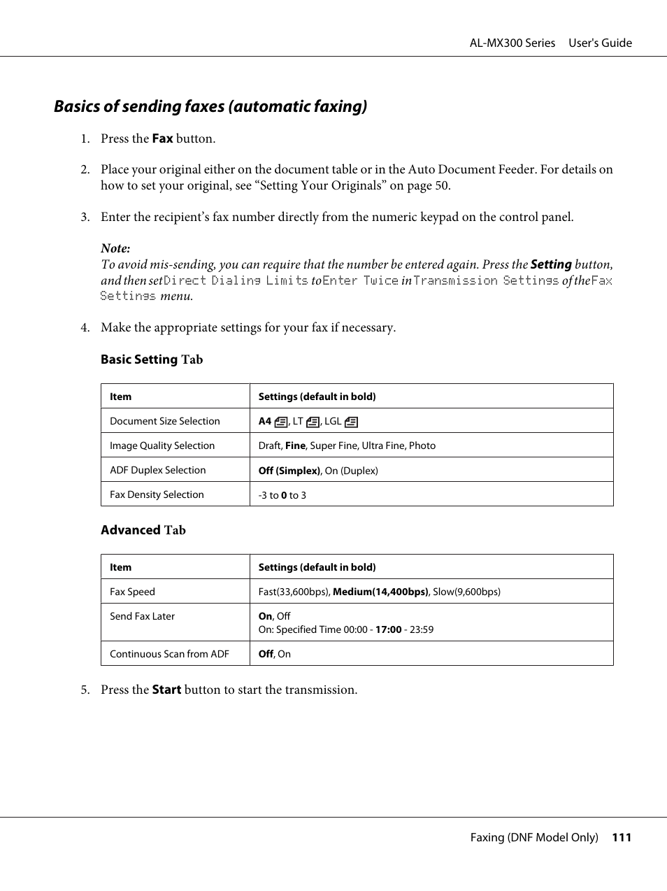 Basics of sending faxes (automatic faxing) | Epson WorkForce AL-MX300DN User Manual | Page 111 / 287