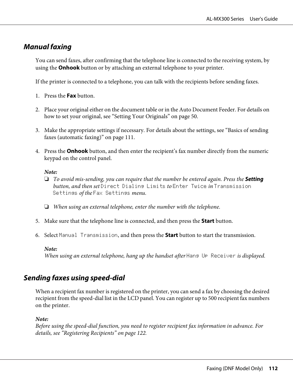 Manual faxing, Sending faxes using speed-dial, Manual faxing sending faxes using speed-dial | Epson WorkForce AL-MX300DN User Manual | Page 112 / 287