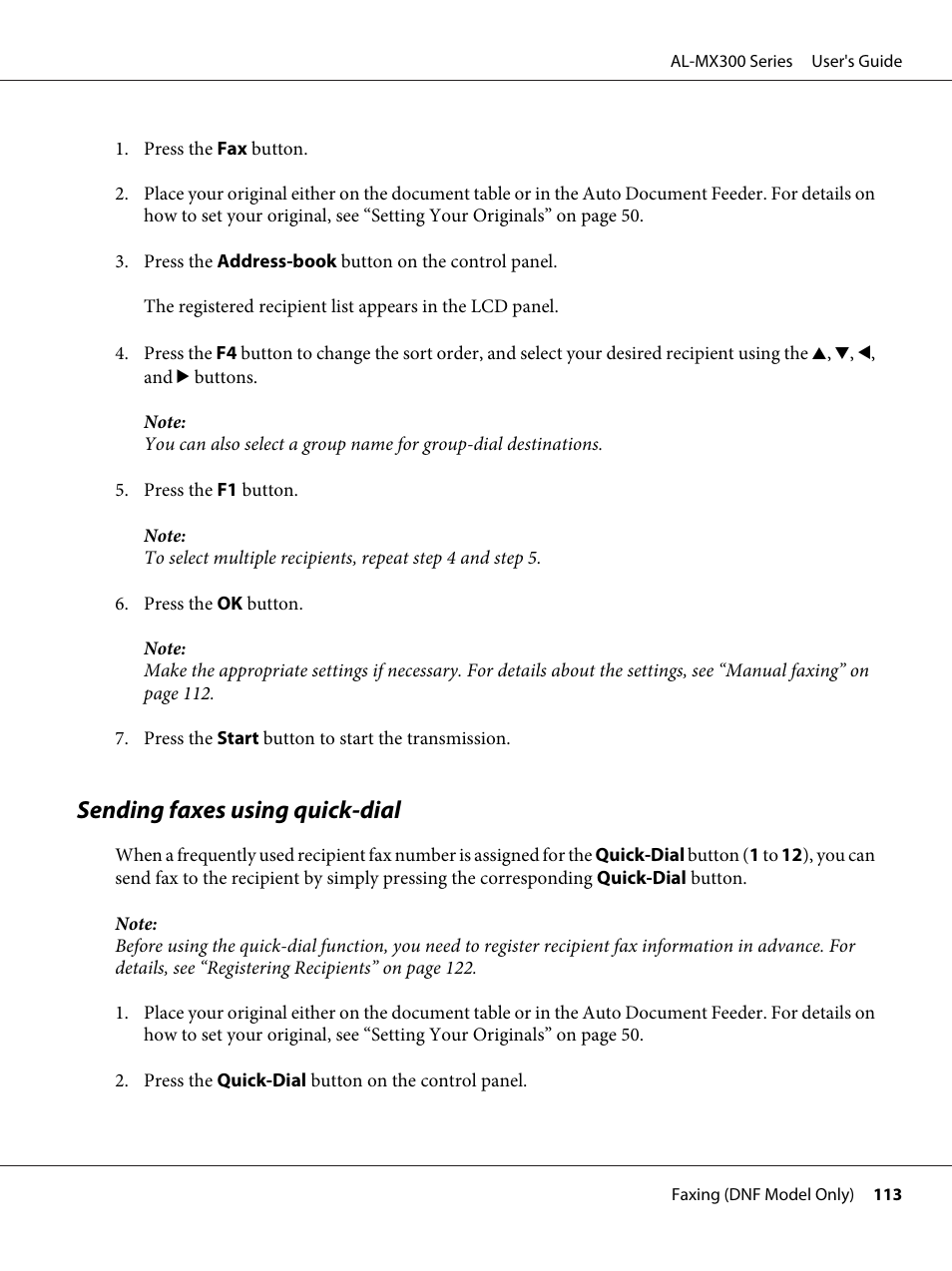 Sending faxes using quick-dial | Epson WorkForce AL-MX300DN User Manual | Page 113 / 287