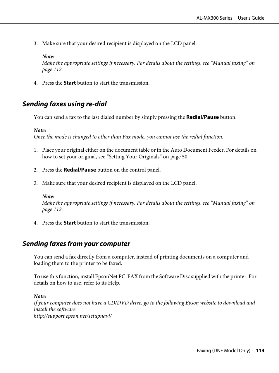 Sending faxes using re-dial, Sending faxes from your computer | Epson WorkForce AL-MX300DN User Manual | Page 114 / 287