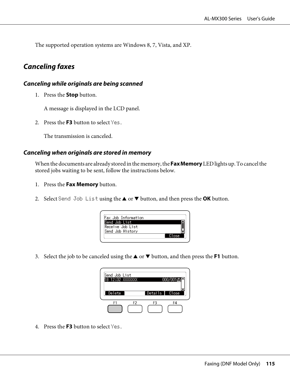 Canceling faxes | Epson WorkForce AL-MX300DN User Manual | Page 115 / 287