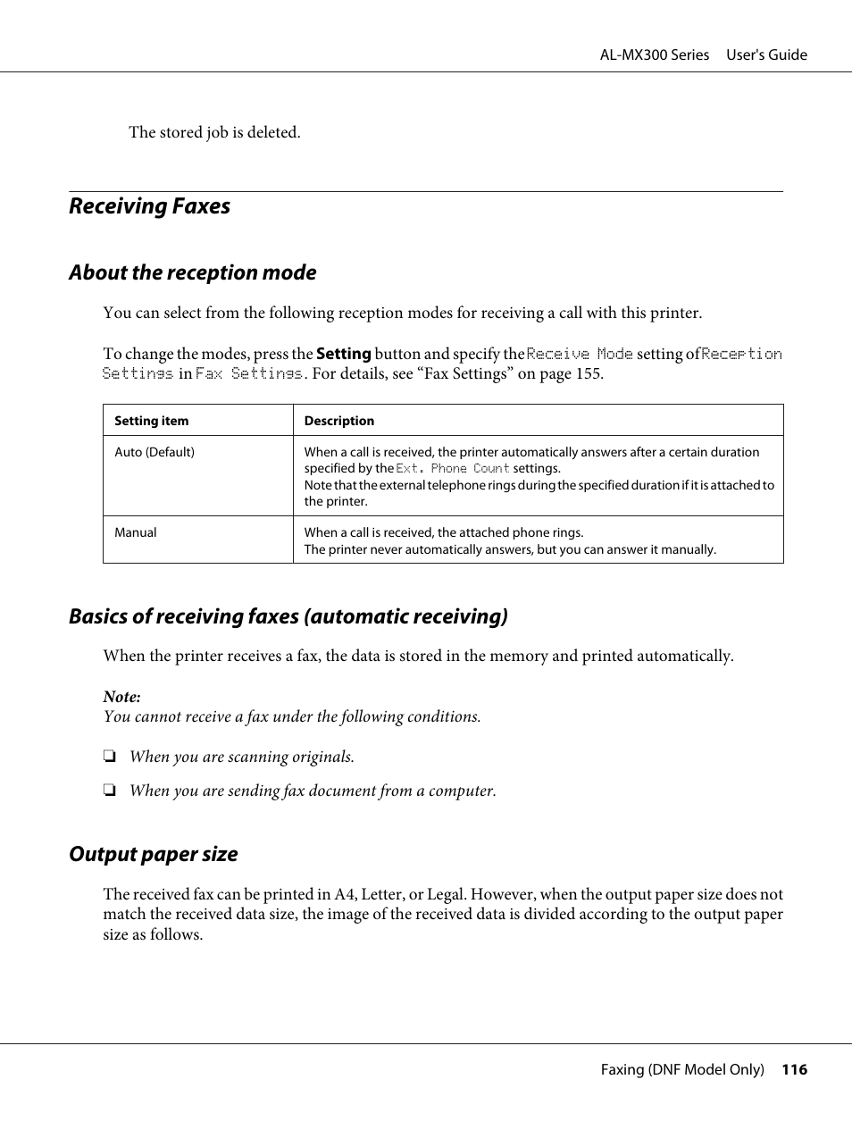 Receiving faxes, About the reception mode, Basics of receiving faxes (automatic receiving) | Output paper size | Epson WorkForce AL-MX300DN User Manual | Page 116 / 287