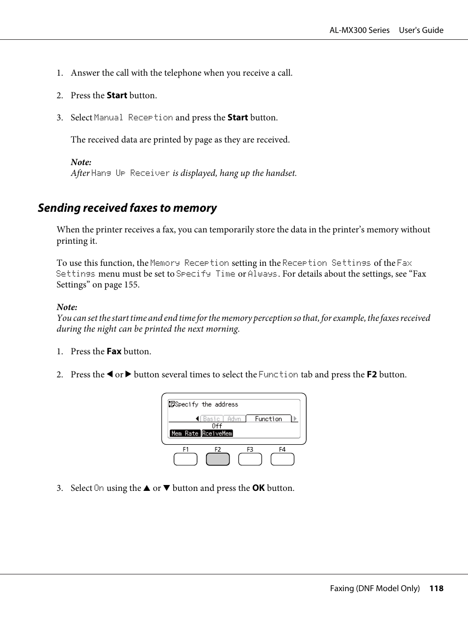 Sending received faxes to memory | Epson WorkForce AL-MX300DN User Manual | Page 118 / 287