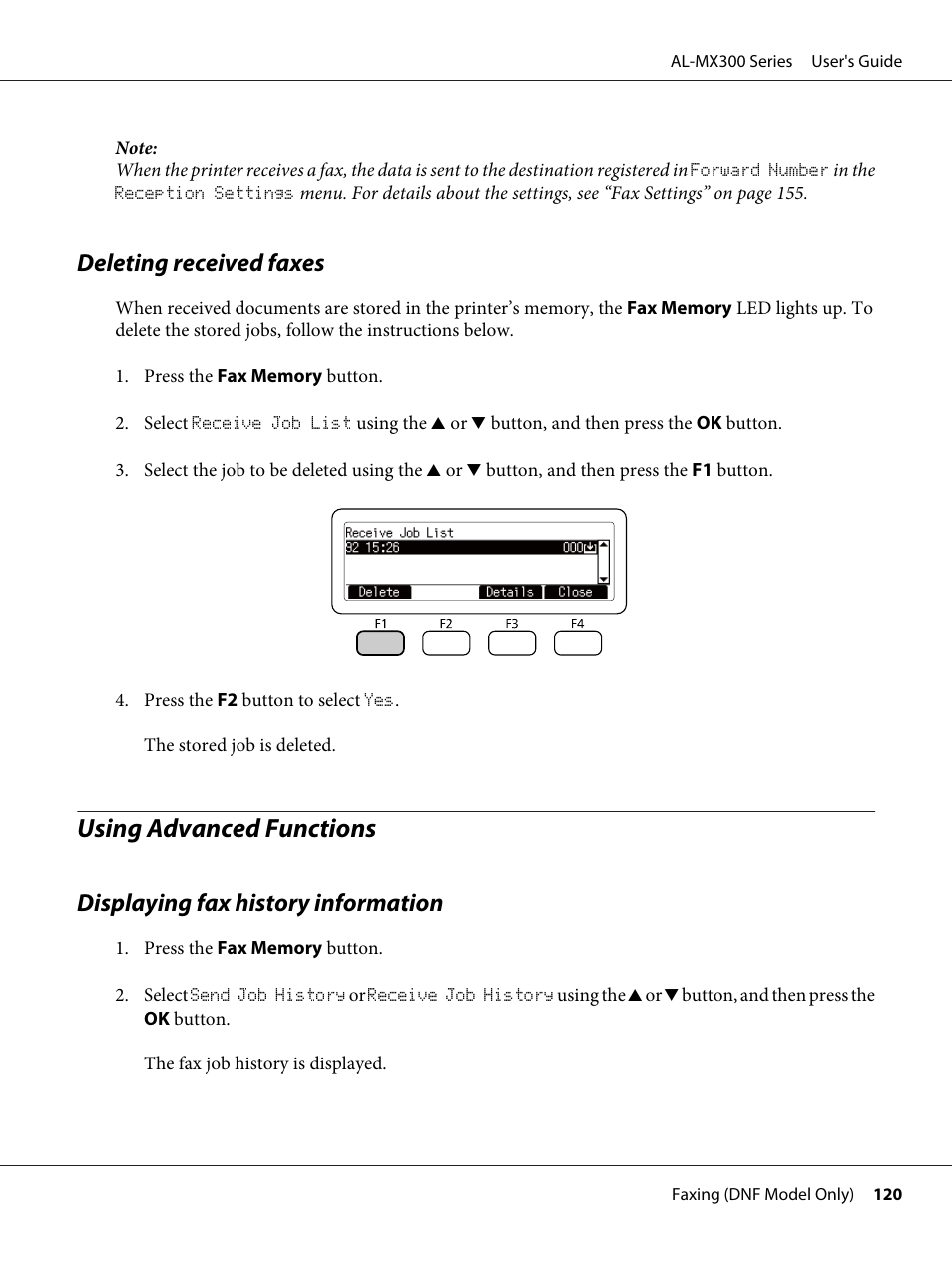 Deleting received faxes, Using advanced functions, Displaying fax history information | Epson WorkForce AL-MX300DN User Manual | Page 120 / 287