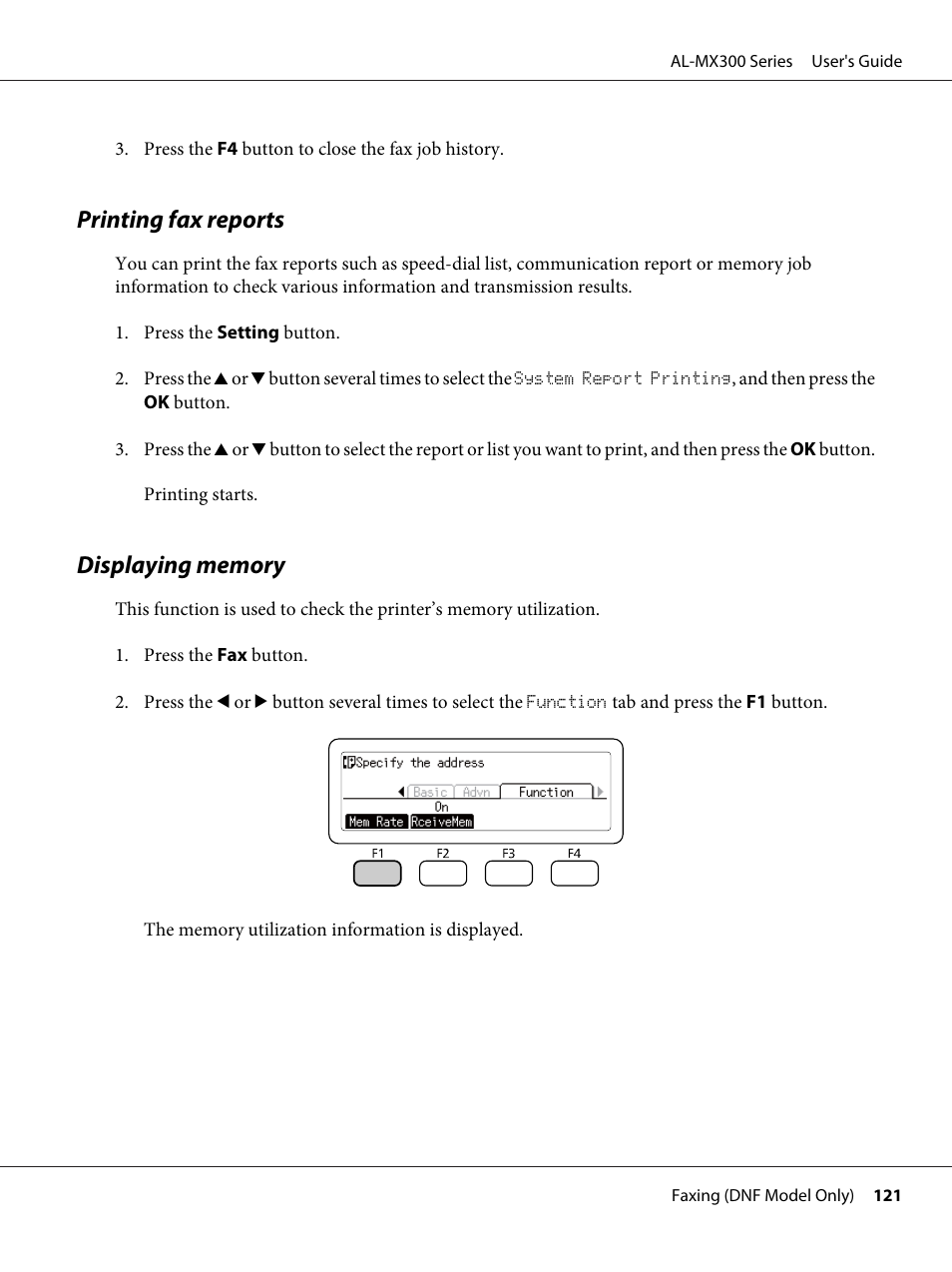 Printing fax reports, Displaying memory, Printing fax reports displaying memory | Epson WorkForce AL-MX300DN User Manual | Page 121 / 287