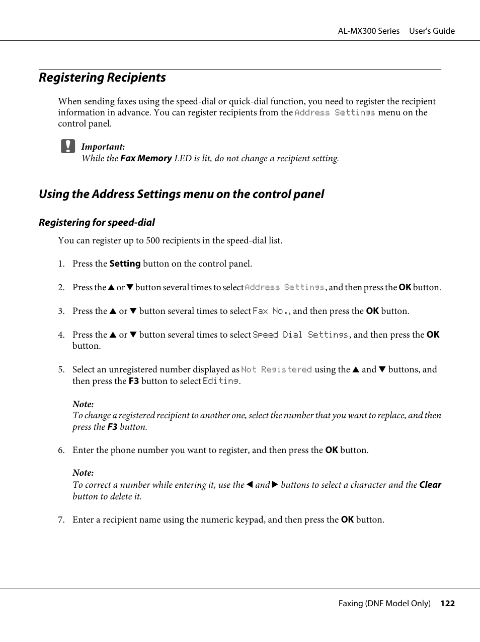 Registering recipients | Epson WorkForce AL-MX300DN User Manual | Page 122 / 287