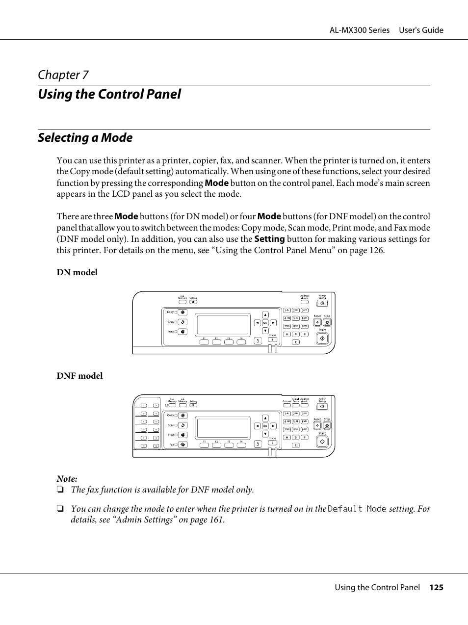 Using the control panel, Selecting a mode, Chapter 7 using the control panel | Chapter 7 | Epson WorkForce AL-MX300DN User Manual | Page 125 / 287