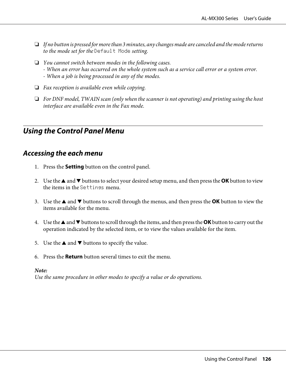 Using the control panel menu, Accessing the each menu | Epson WorkForce AL-MX300DN User Manual | Page 126 / 287