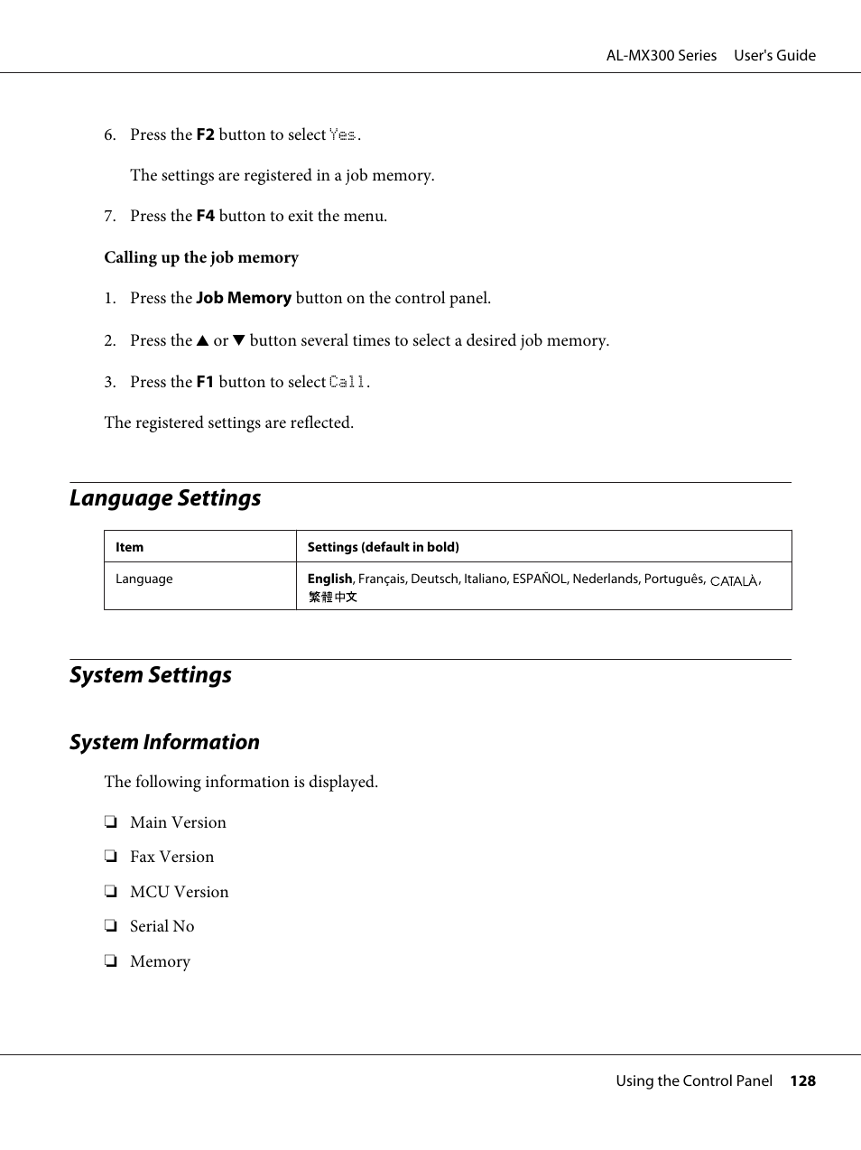 Language settings, System settings, System information | Language settings system settings | Epson WorkForce AL-MX300DN User Manual | Page 128 / 287