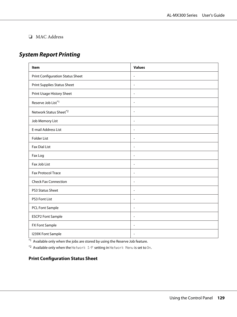 System report printing, Mac address, Print configuration status sheet | Epson WorkForce AL-MX300DN User Manual | Page 129 / 287