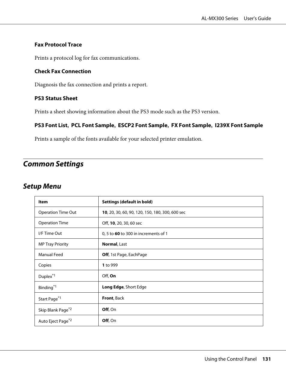 Common settings, Setup menu | Epson WorkForce AL-MX300DN User Manual | Page 131 / 287