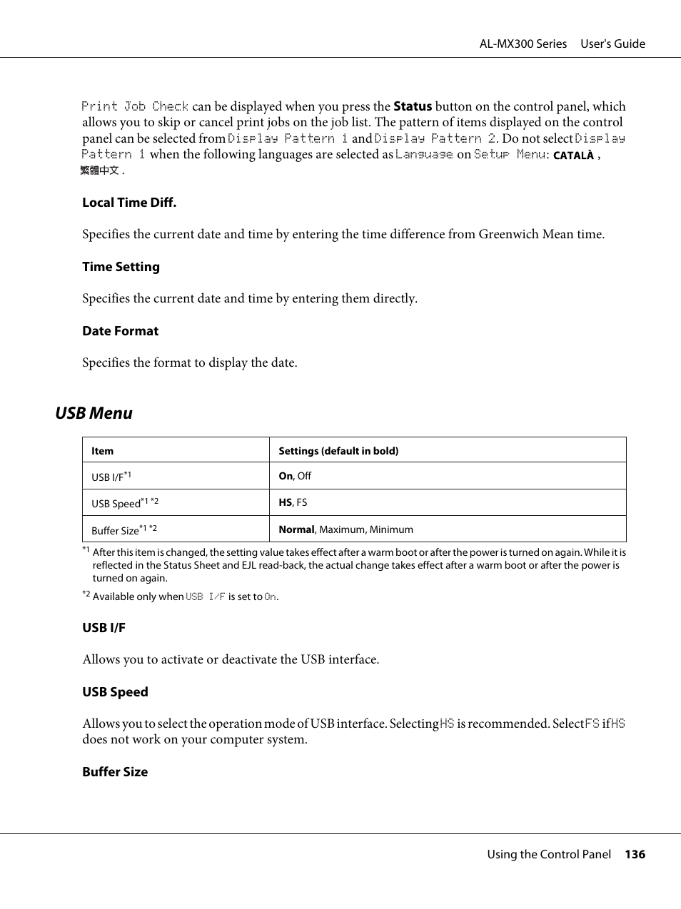 Usb menu | Epson WorkForce AL-MX300DN User Manual | Page 136 / 287