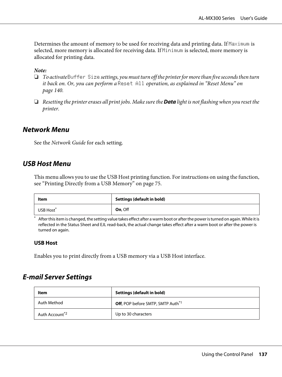 Network menu, Usb host menu, E-‍mail server settings | Network menu usb host menu e-mail server settings, E-mail server settings | Epson WorkForce AL-MX300DN User Manual | Page 137 / 287