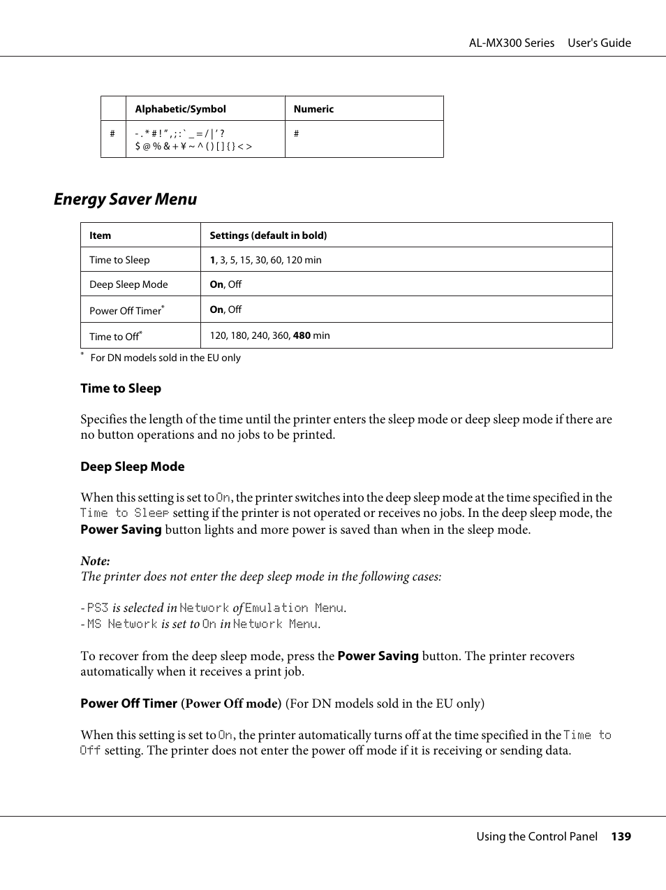 Energy saver menu | Epson WorkForce AL-MX300DN User Manual | Page 139 / 287