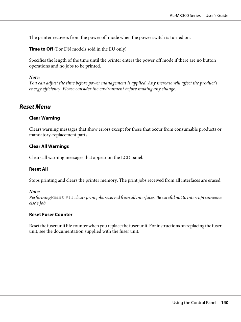 Reset menu | Epson WorkForce AL-MX300DN User Manual | Page 140 / 287