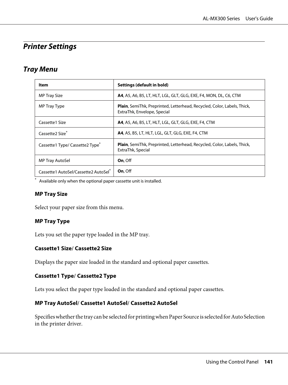 Printer settings, Tray menu | Epson WorkForce AL-MX300DN User Manual | Page 141 / 287