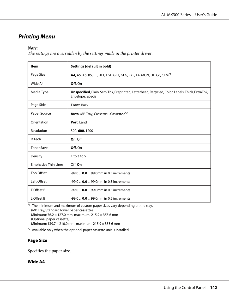 Printing menu, Page size specifies the paper size. wide a4 | Epson WorkForce AL-MX300DN User Manual | Page 142 / 287