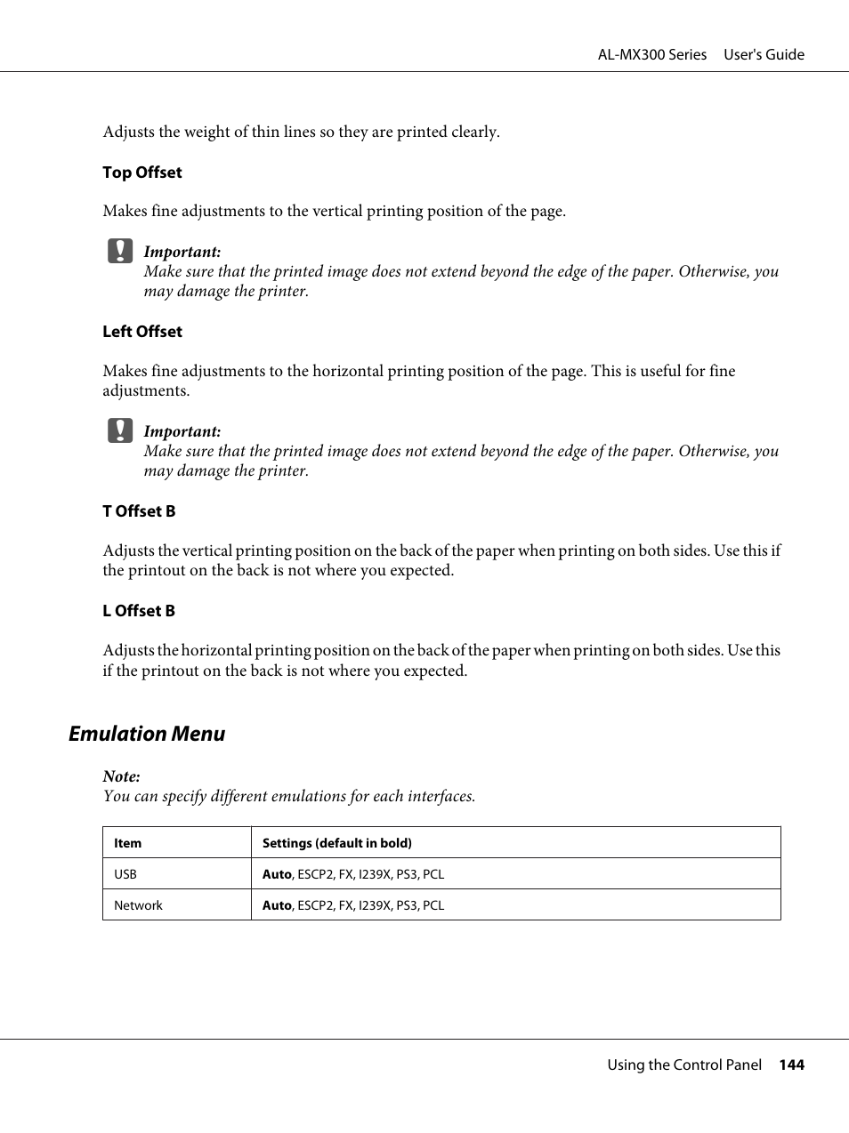 Emulation menu | Epson WorkForce AL-MX300DN User Manual | Page 144 / 287