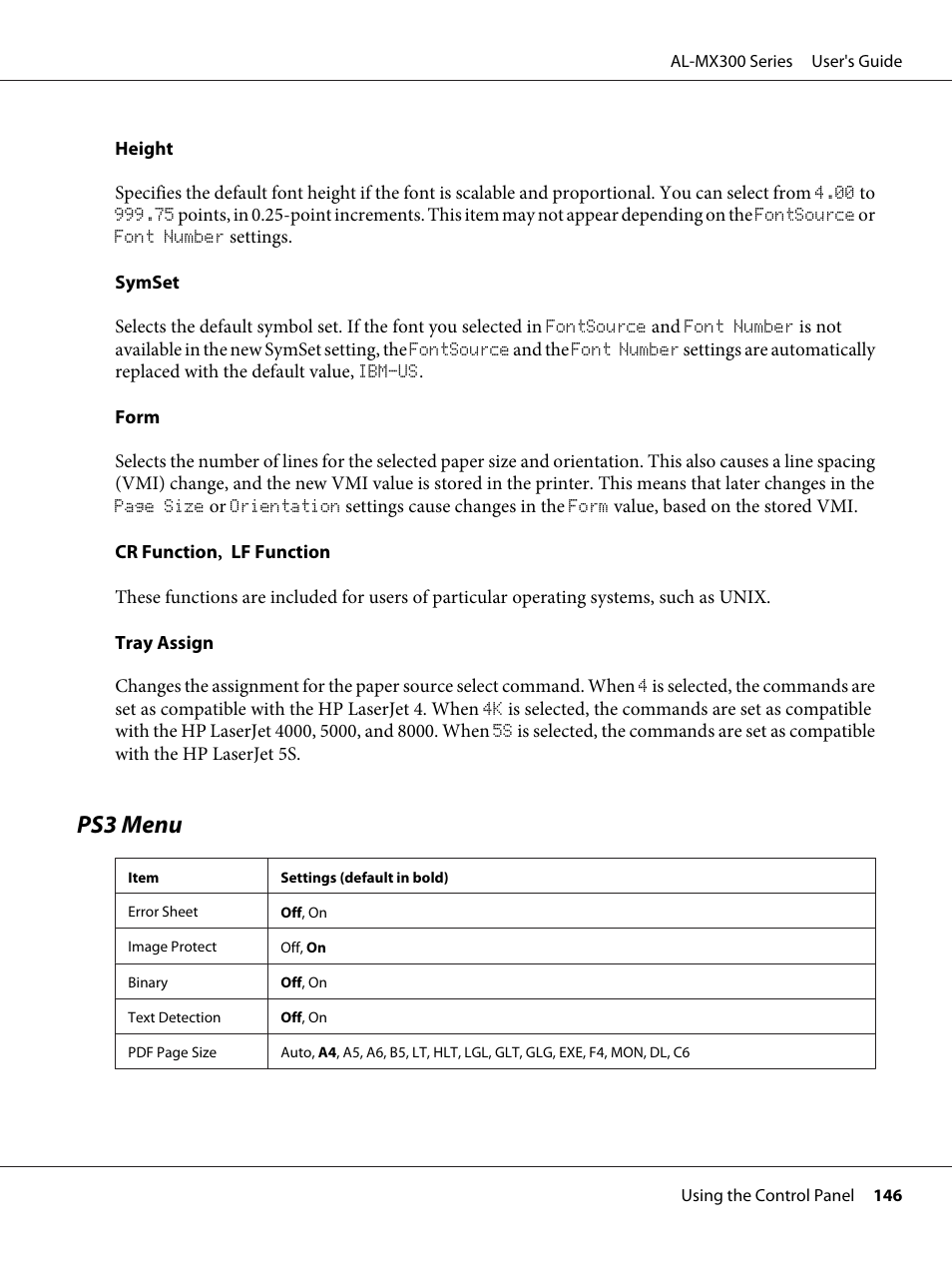 Ps3 menu | Epson WorkForce AL-MX300DN User Manual | Page 146 / 287