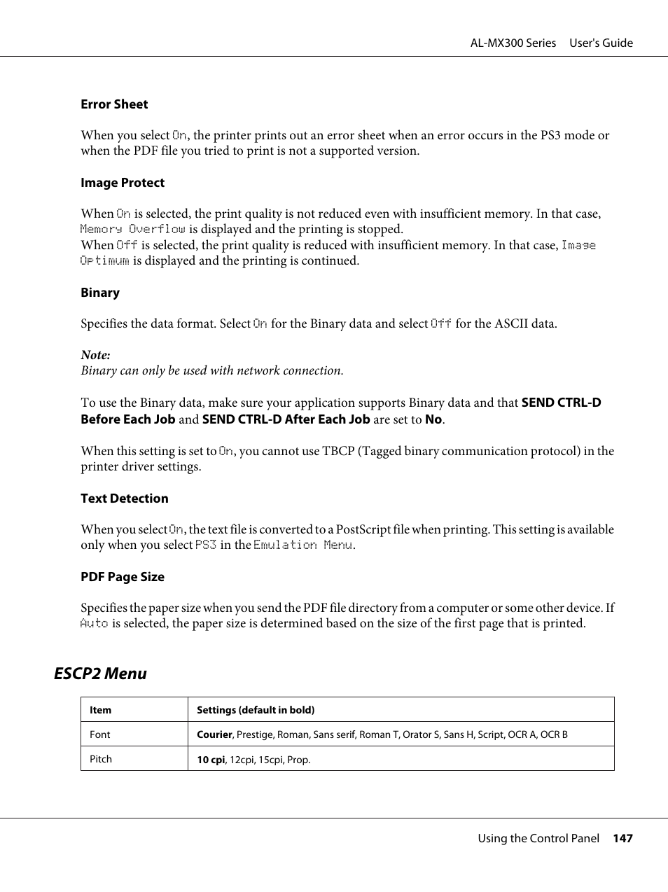 Escp2 menu | Epson WorkForce AL-MX300DN User Manual | Page 147 / 287