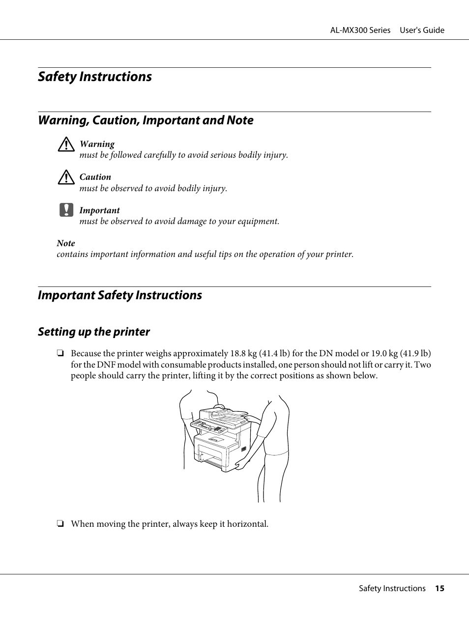 Safety instructions, Warning, caution, important and note, Important safety instructions | Setting up the printer | Epson WorkForce AL-MX300DN User Manual | Page 15 / 287