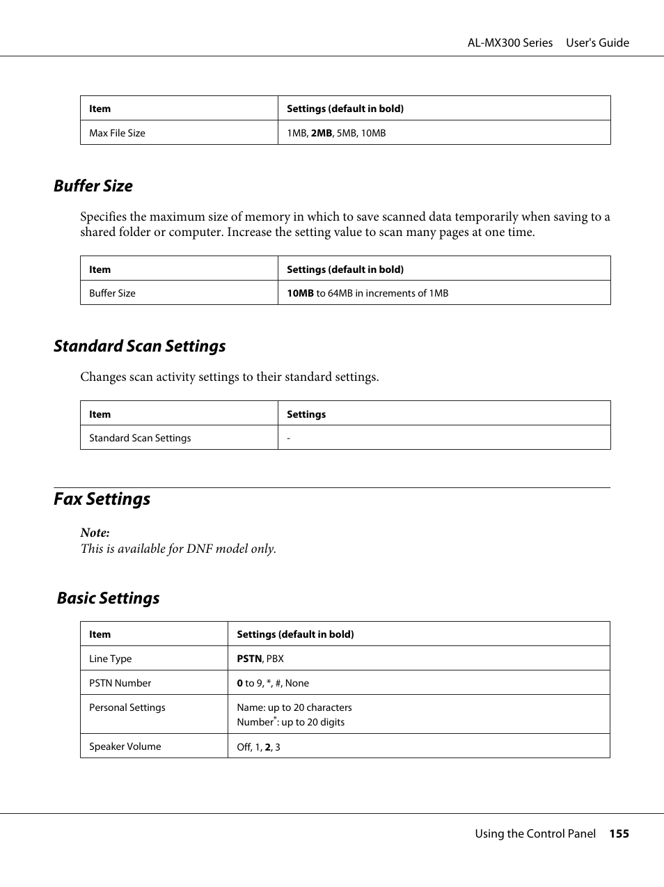 Buffer size, Standard scan settings, Fax settings | Basic settings, Buffer size standard scan settings, Ttings, see “fax settings” on | Epson WorkForce AL-MX300DN User Manual | Page 155 / 287