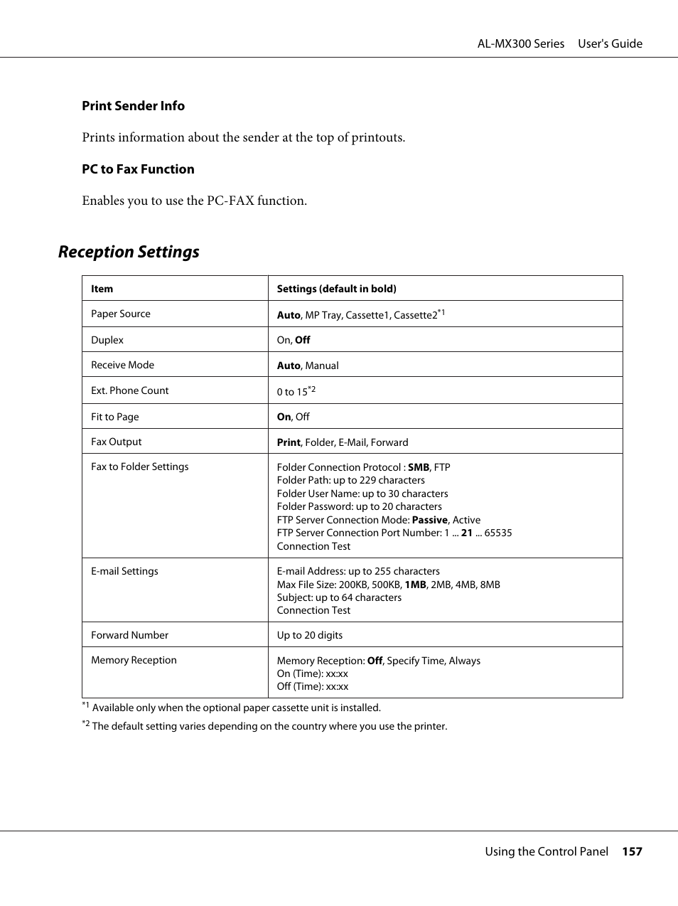 Reception settings | Epson WorkForce AL-MX300DN User Manual | Page 157 / 287