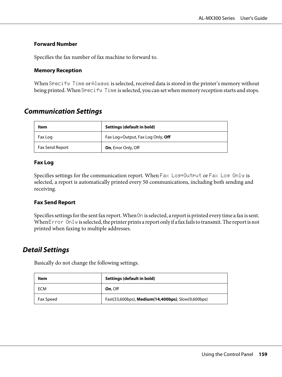 Communication settings, Detail settings | Epson WorkForce AL-MX300DN User Manual | Page 159 / 287