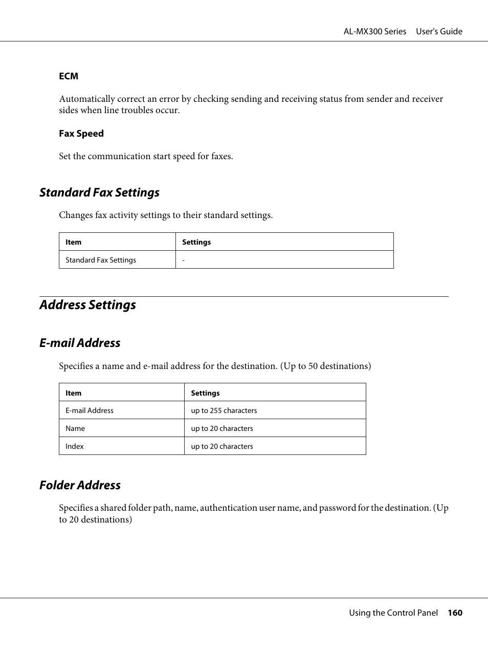 Standard fax settings, Address settings, E-‍mail address | Folder address, E-mail address folder address, E-mail address | Epson WorkForce AL-MX300DN User Manual | Page 160 / 287