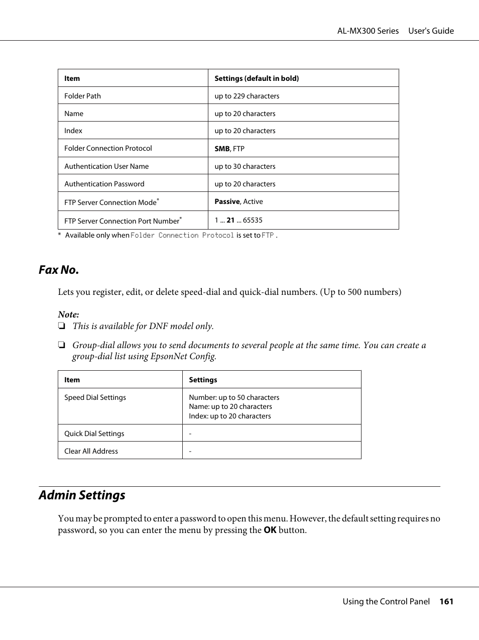 Fax no, Admin settings | Epson WorkForce AL-MX300DN User Manual | Page 161 / 287