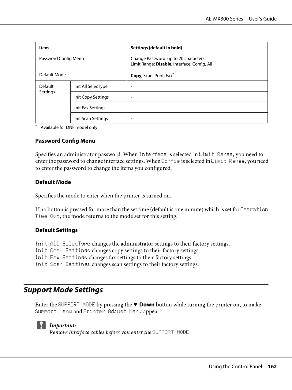 Support mode settings | Epson WorkForce AL-MX300DN User Manual | Page 162 / 287