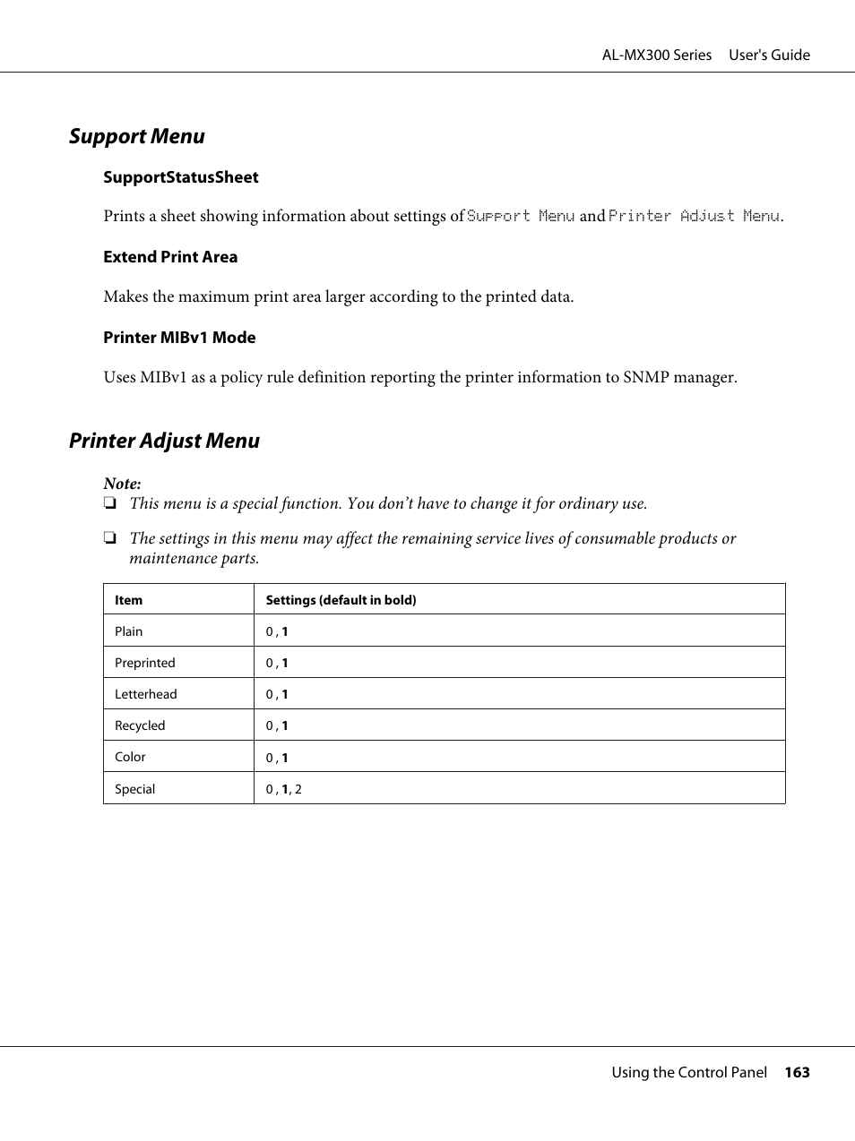 Support menu, Printer adjust menu, Support menu printer adjust menu | Epson WorkForce AL-MX300DN User Manual | Page 163 / 287