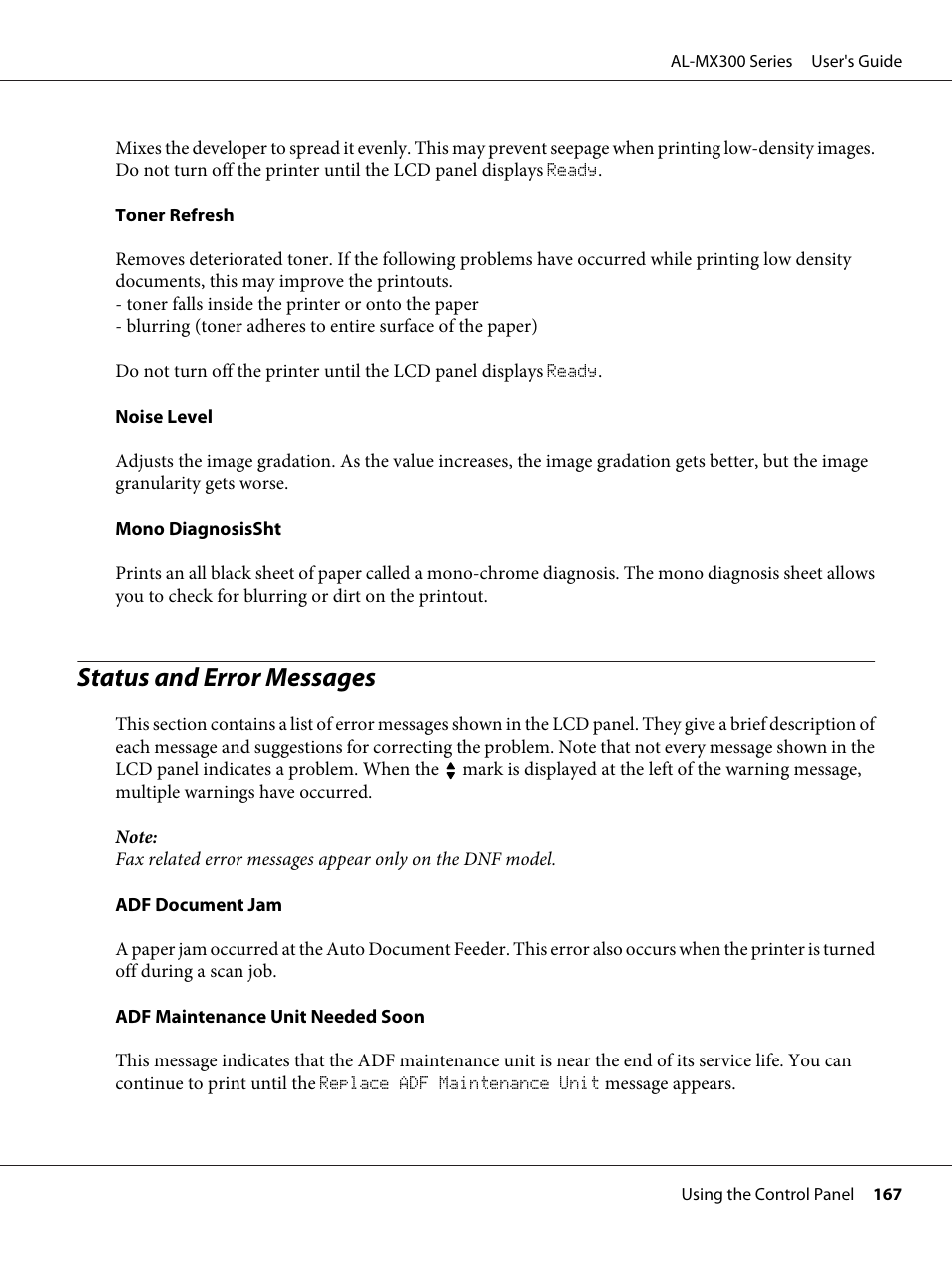 Status and error messages | Epson WorkForce AL-MX300DN User Manual | Page 167 / 287