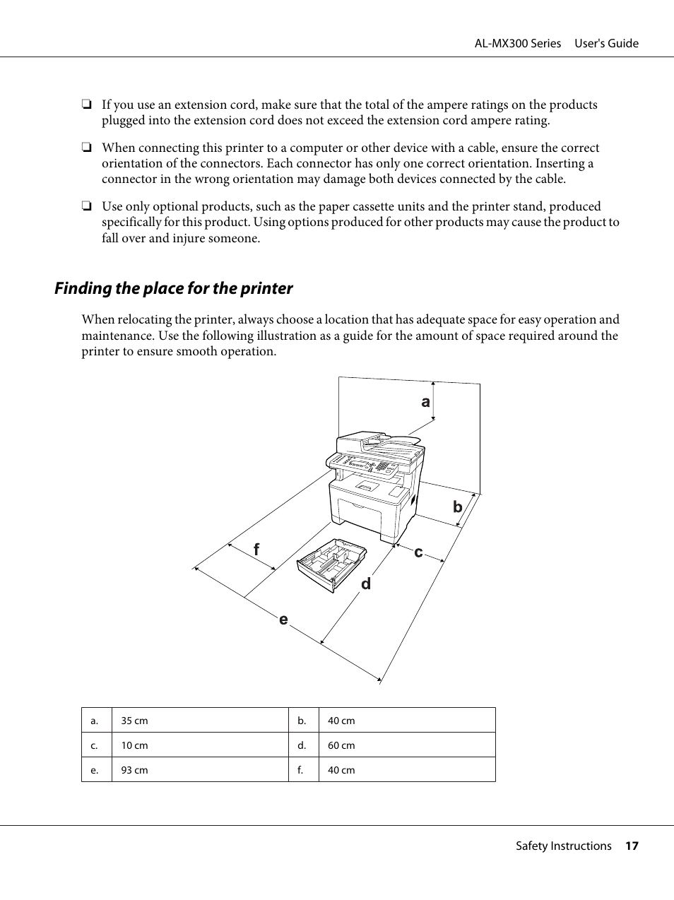 Finding the place for the printer | Epson WorkForce AL-MX300DN User Manual | Page 17 / 287