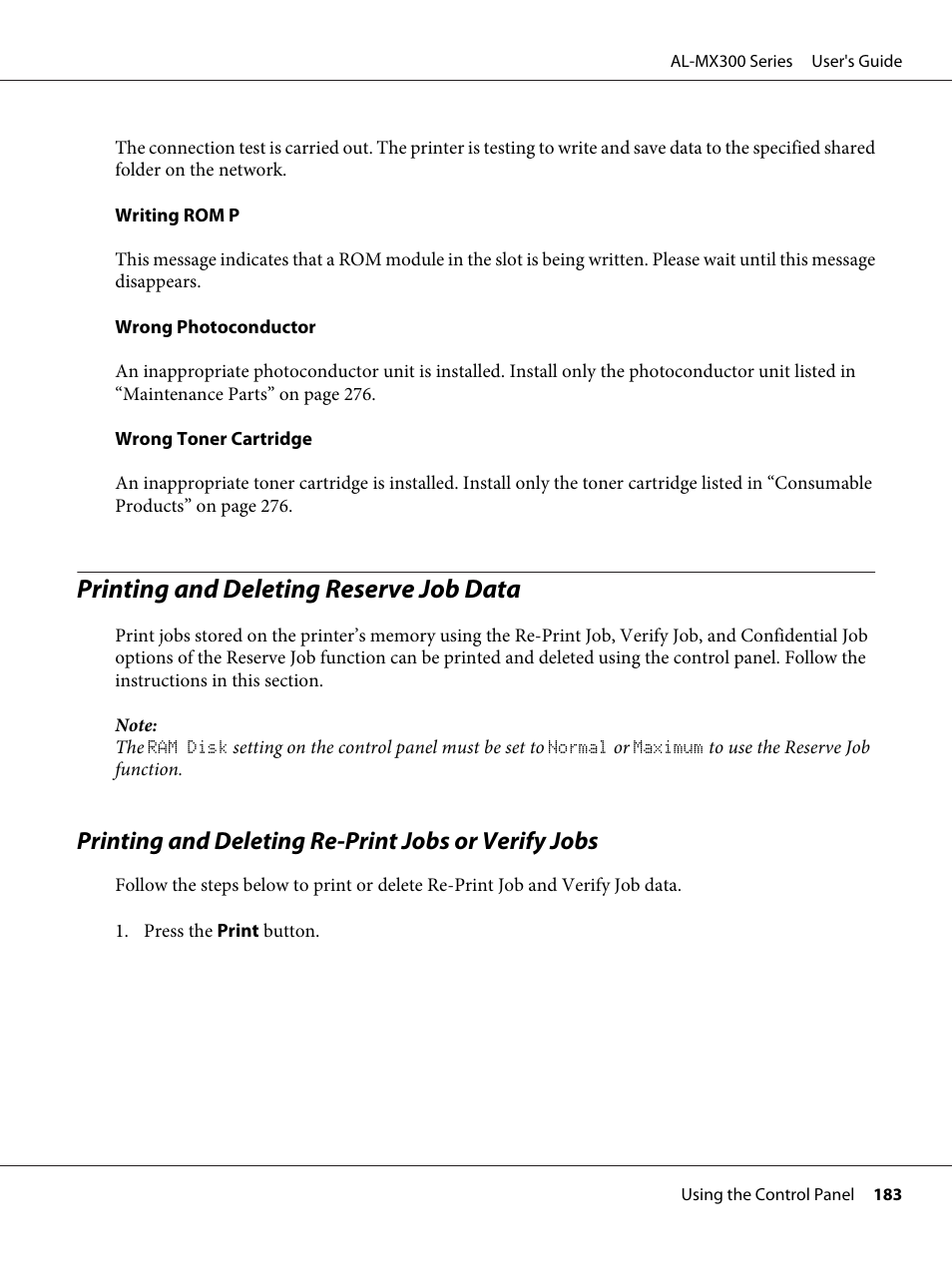 Printing and deleting reserve job data, Printing and deleting re-print jobs or verify jobs | Epson WorkForce AL-MX300DN User Manual | Page 183 / 287