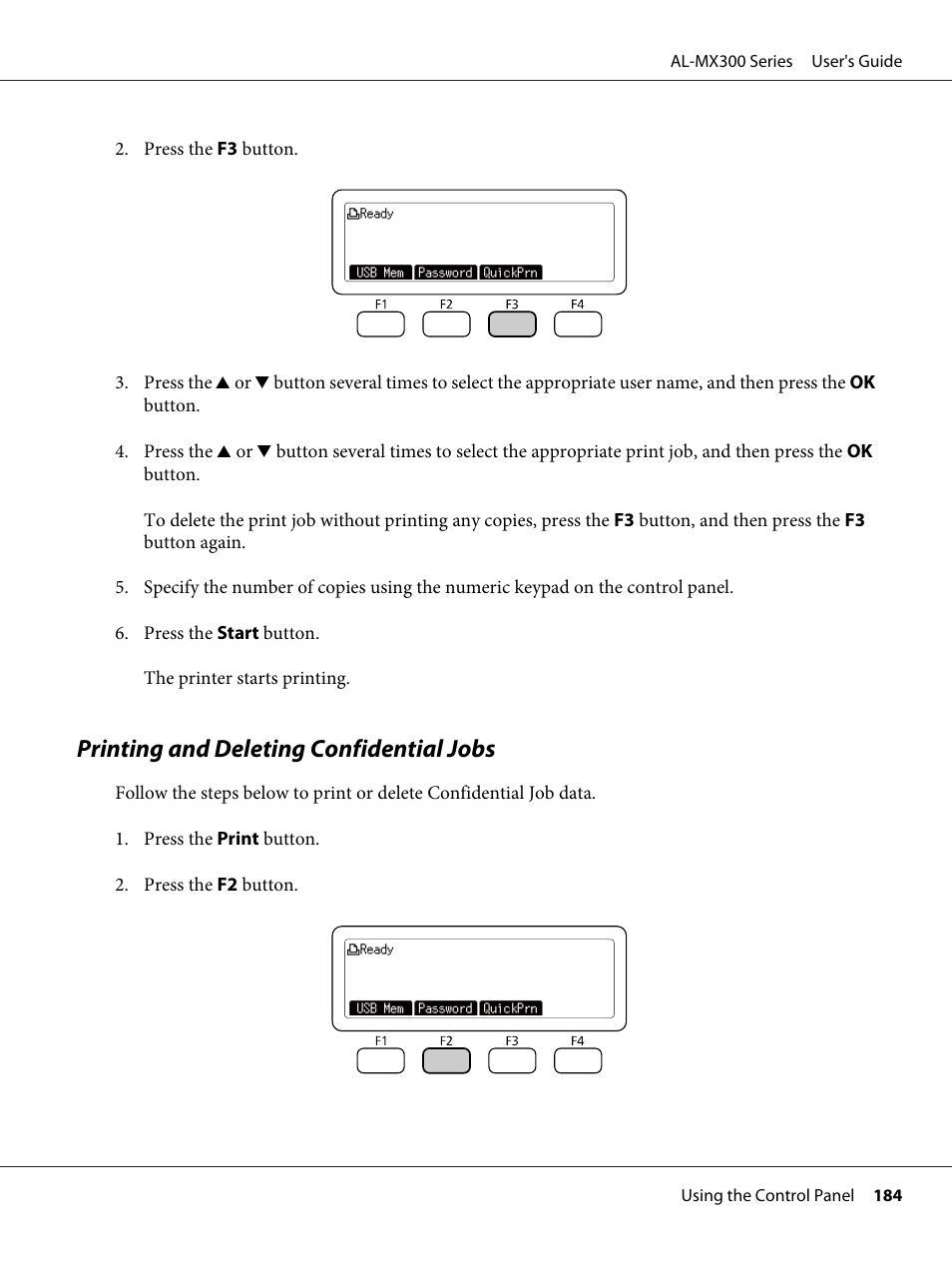 Printing and deleting confidential jobs | Epson WorkForce AL-MX300DN User Manual | Page 184 / 287