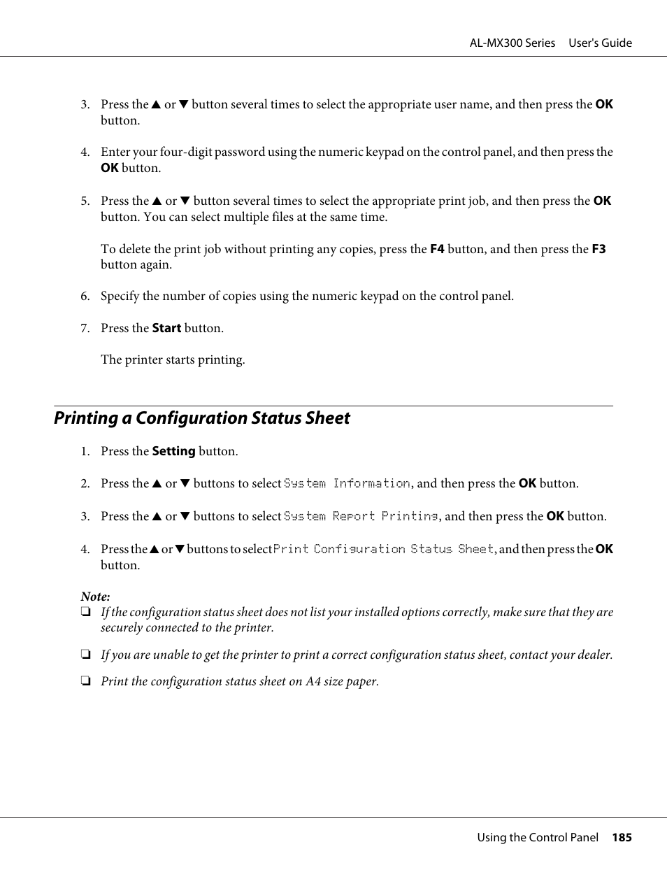 Printing a configuration status sheet | Epson WorkForce AL-MX300DN User Manual | Page 185 / 287