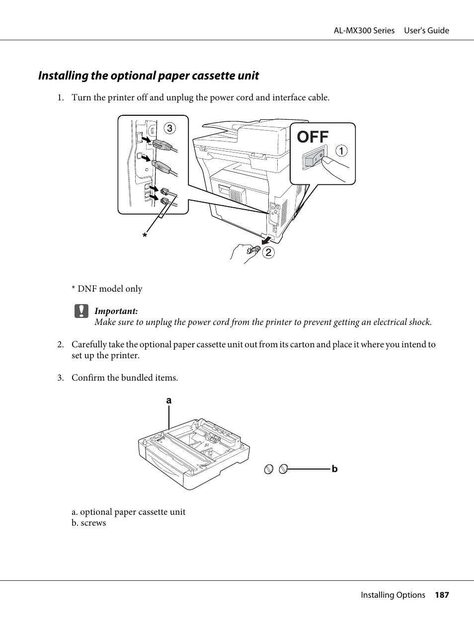 Installing the optional paper cassette unit | Epson WorkForce AL-MX300DN User Manual | Page 187 / 287