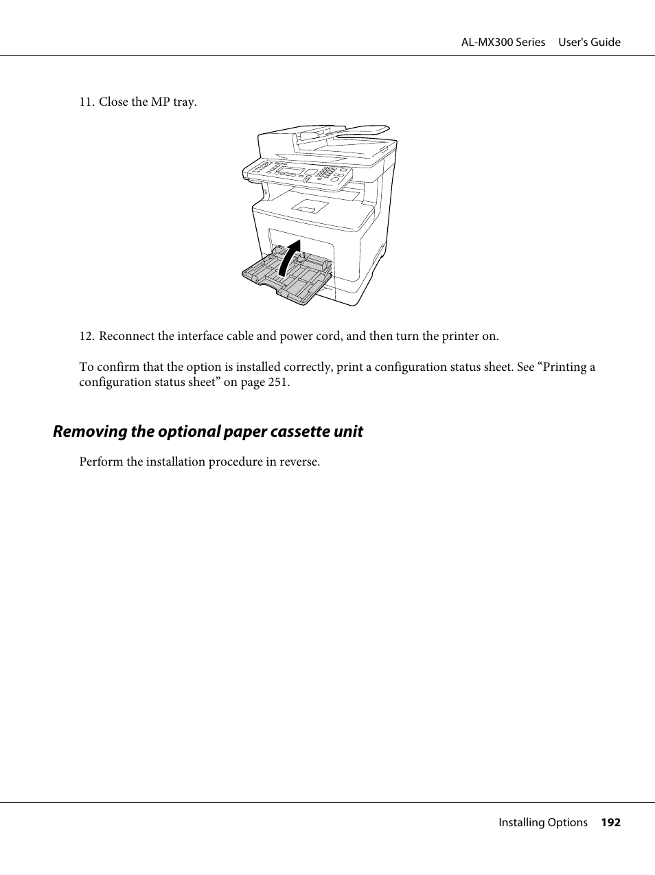 Removing the optional paper cassette unit | Epson WorkForce AL-MX300DN User Manual | Page 192 / 287