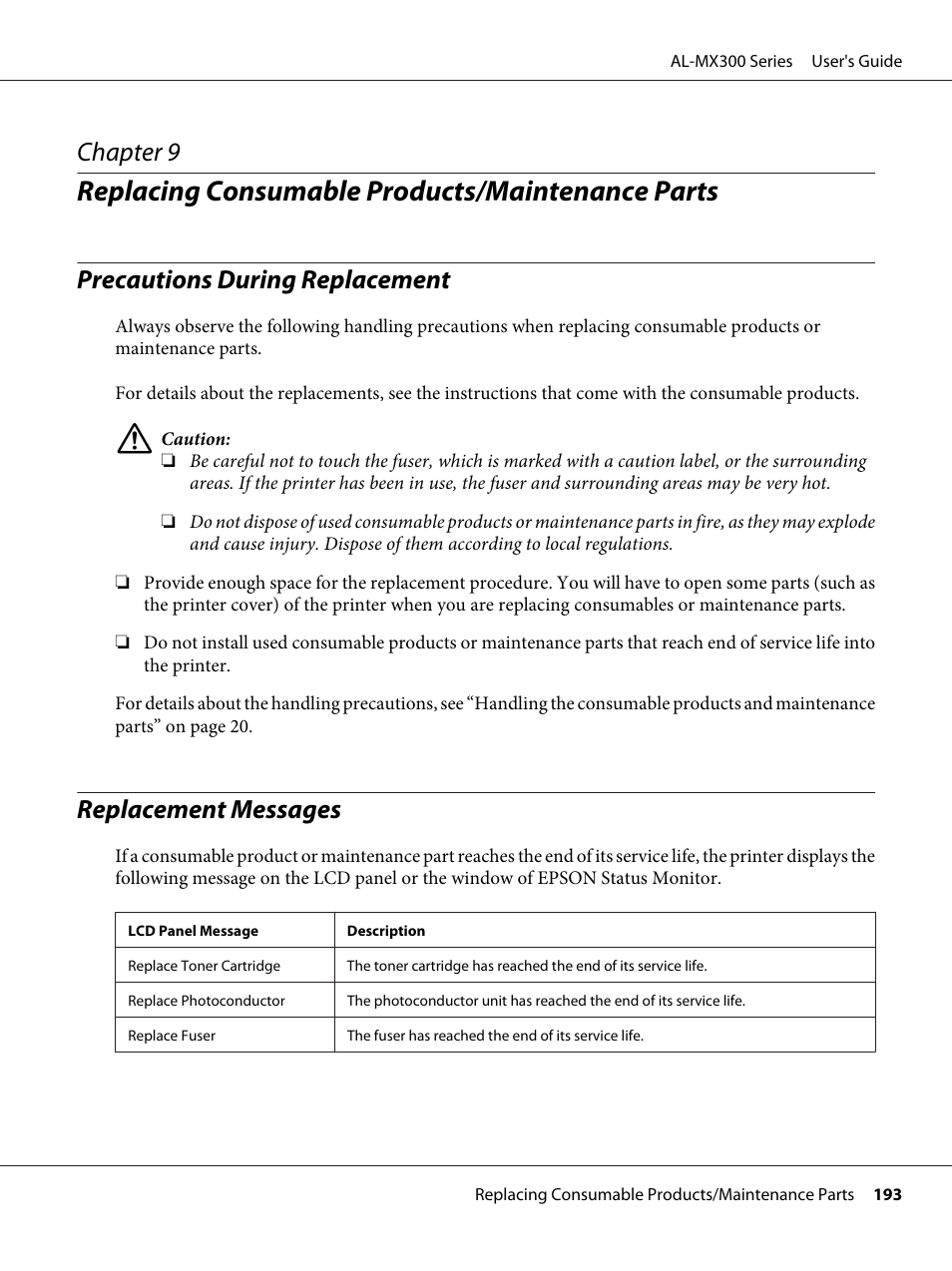 Replacing consumable products/maintenance parts, Precautions during replacement, Replacement messages | Chapter 9 | Epson WorkForce AL-MX300DN User Manual | Page 193 / 287