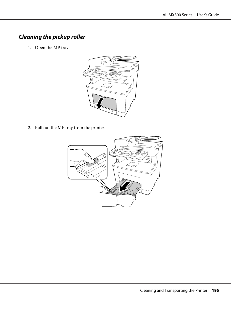 Cleaning the pickup roller | Epson WorkForce AL-MX300DN User Manual | Page 196 / 287