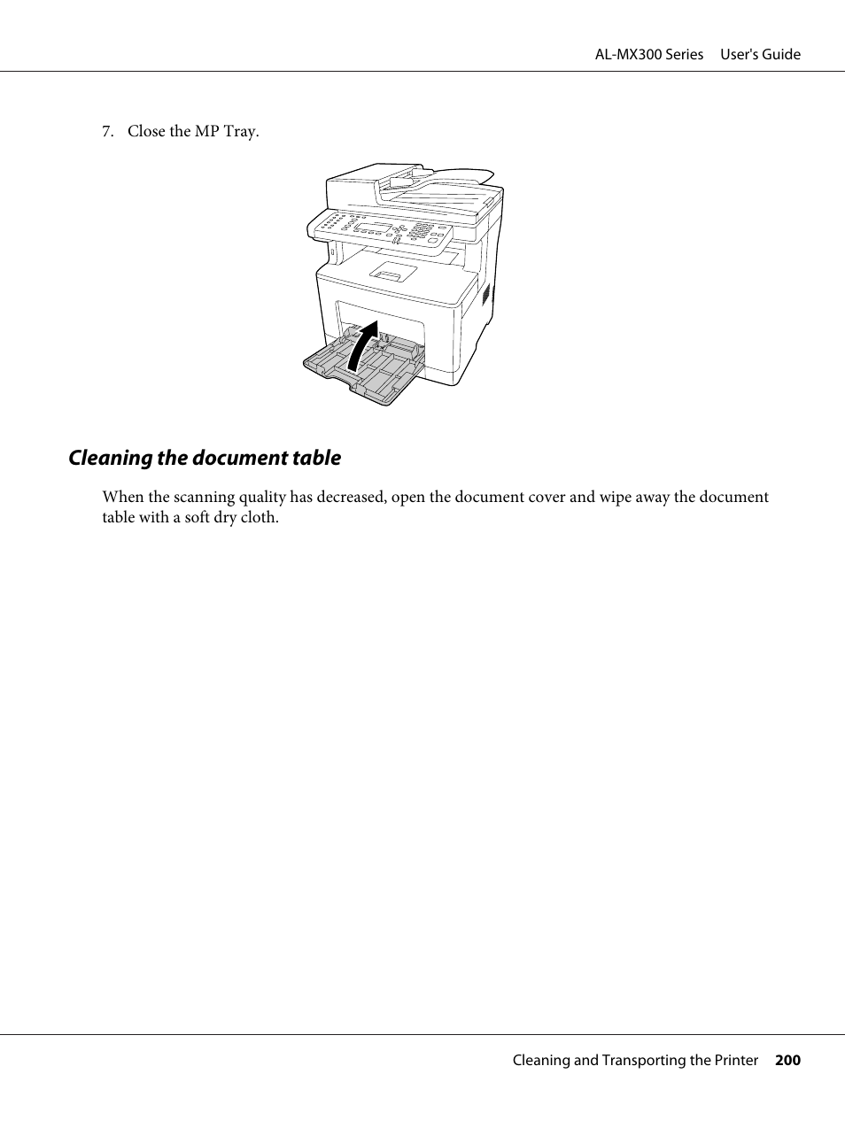 Cleaning the document table | Epson WorkForce AL-MX300DN User Manual | Page 200 / 287