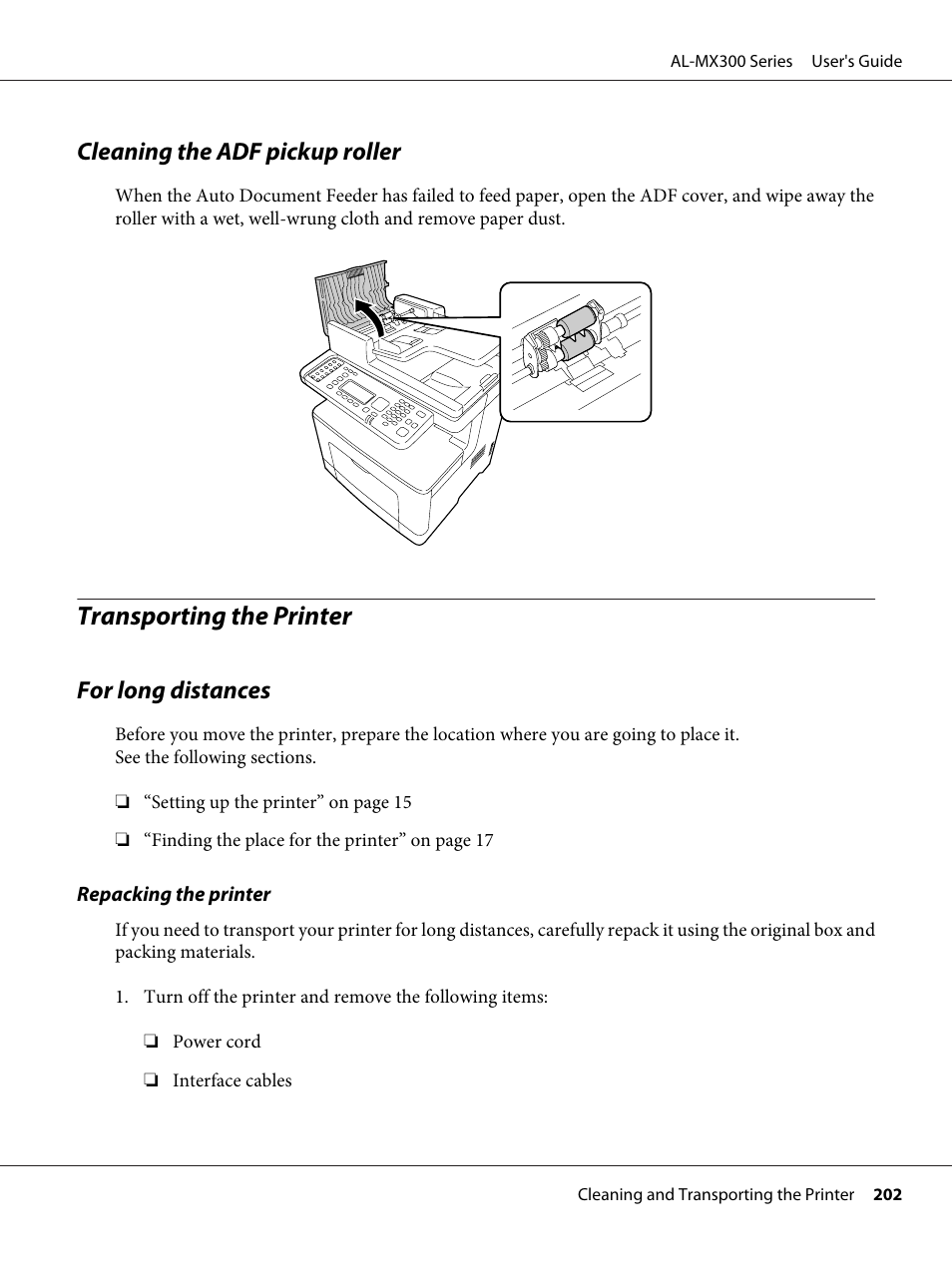 Cleaning the adf pickup roller, Transporting the printer, For long distances | Epson WorkForce AL-MX300DN User Manual | Page 202 / 287