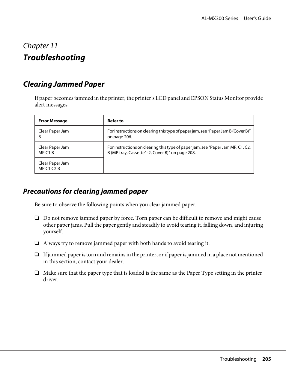 Troubleshooting, Clearing jammed paper, Precautions for clearing jammed paper | Chapter 11 troubleshooting, Chapter 11 | Epson WorkForce AL-MX300DN User Manual | Page 205 / 287