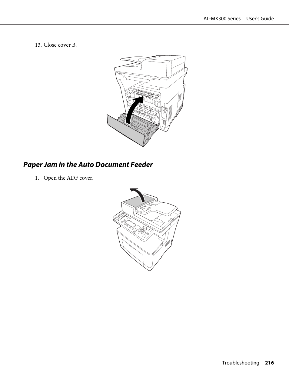 Paper jam in the auto document feeder | Epson WorkForce AL-MX300DN User Manual | Page 216 / 287