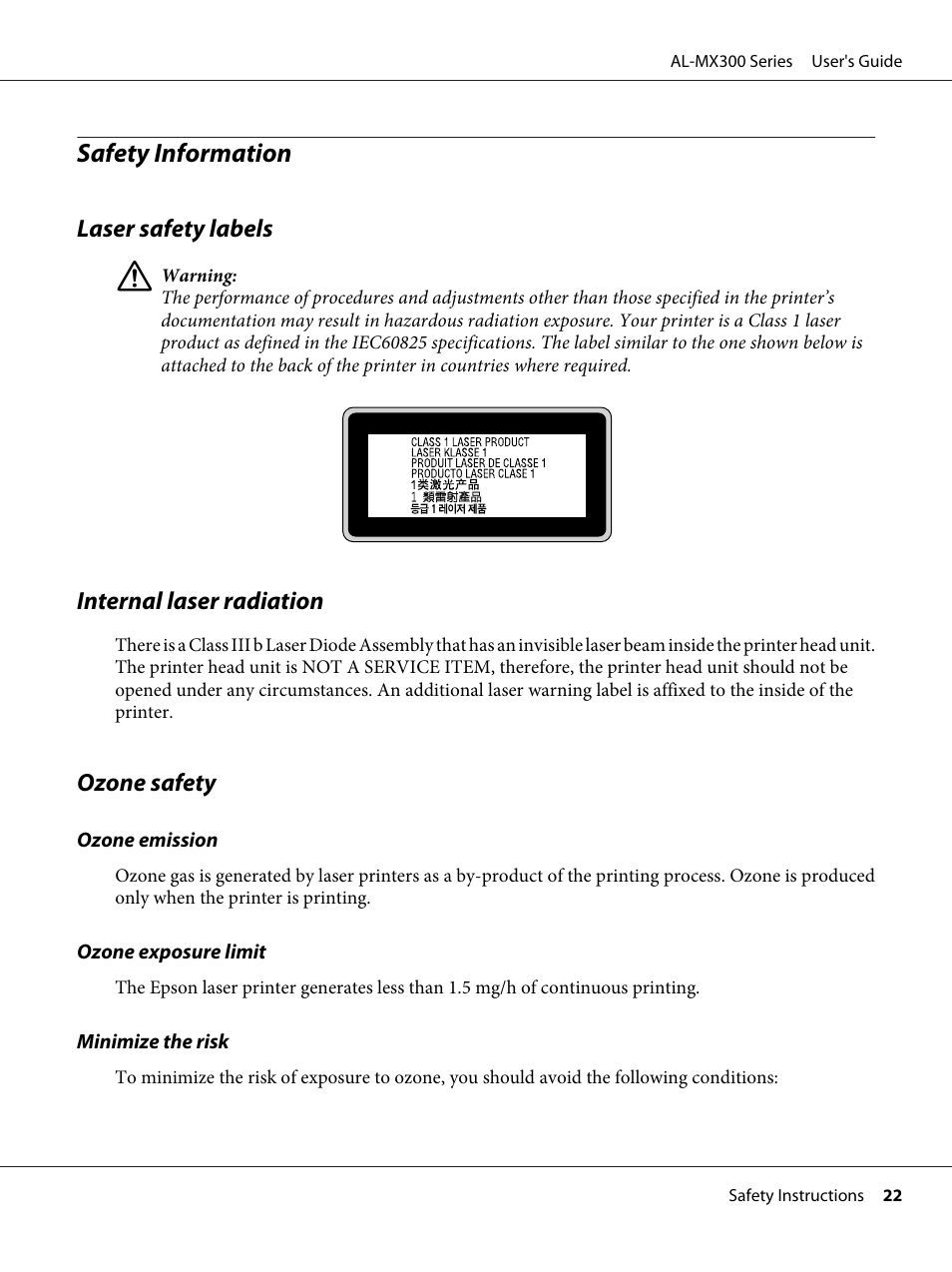 Safety information, Laser safety labels, Internal laser radiation | Ozone safety | Epson WorkForce AL-MX300DN User Manual | Page 22 / 287