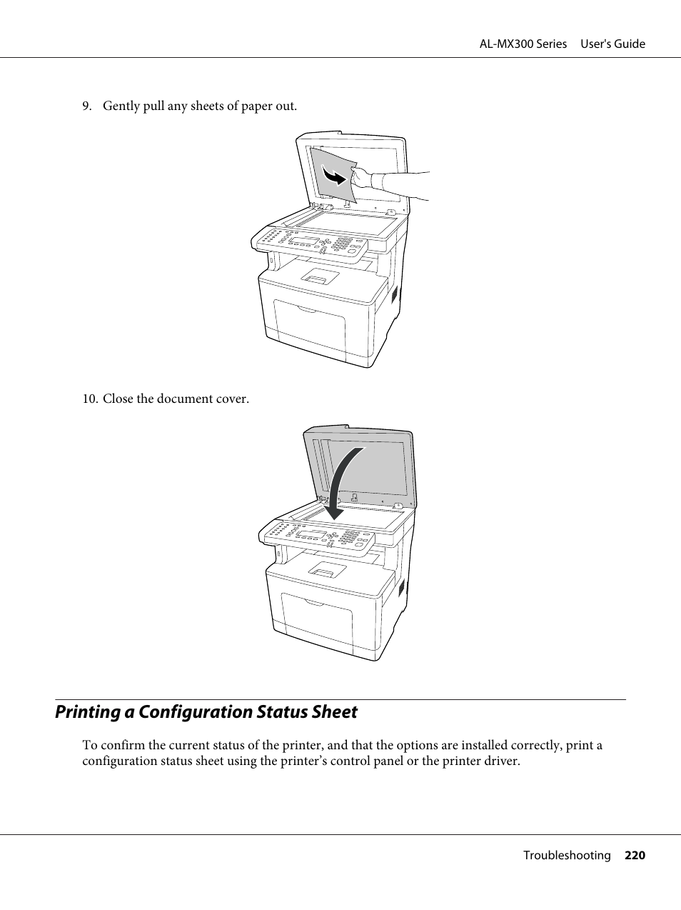 Printing a configuration status sheet | Epson WorkForce AL-MX300DN User Manual | Page 220 / 287