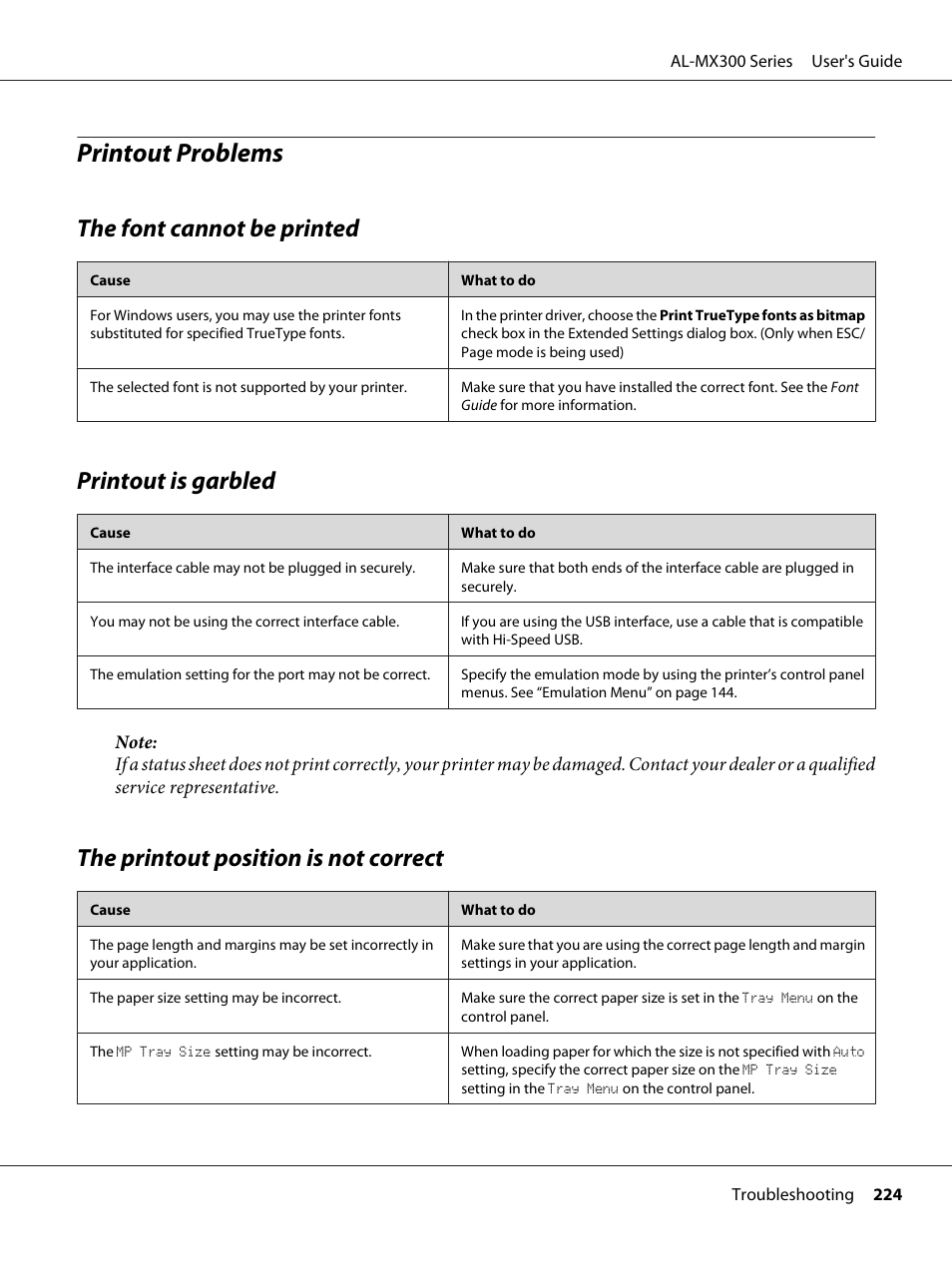 Printout problems, The font cannot be printed, Printout is garbled | The printout position is not correct | Epson WorkForce AL-MX300DN User Manual | Page 224 / 287