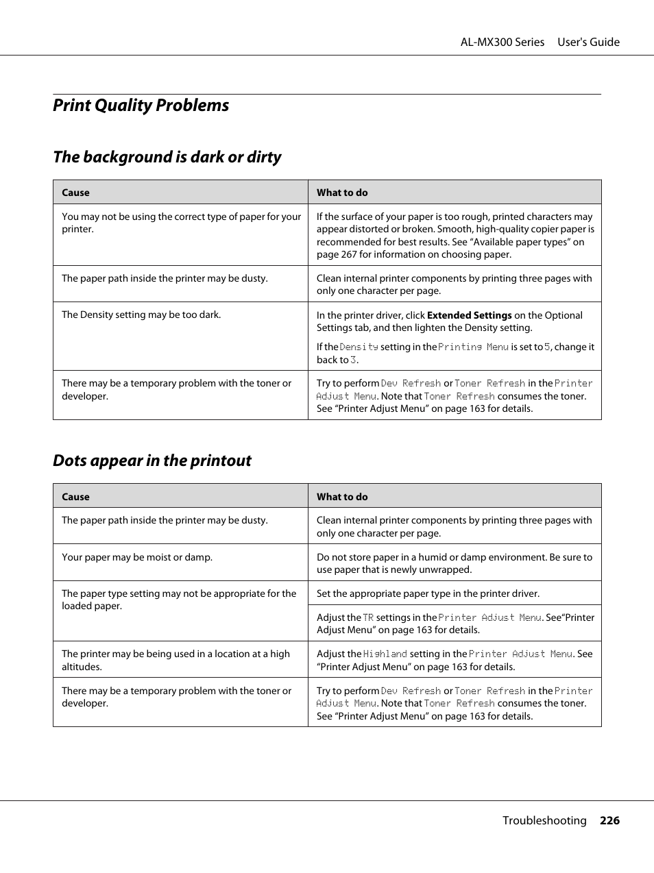 Print quality problems, The background is dark or dirty, Dots appear in the printout | Epson WorkForce AL-MX300DN User Manual | Page 226 / 287